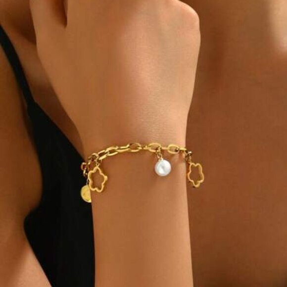 Jewelry - Gold Charm Bracelet with Floral Accents and Pearl
